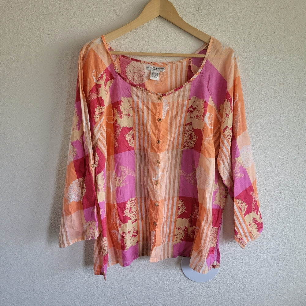 Rebecca Malone Womens Multicolor Pink Orange Floral Button Down Plus Size 2X